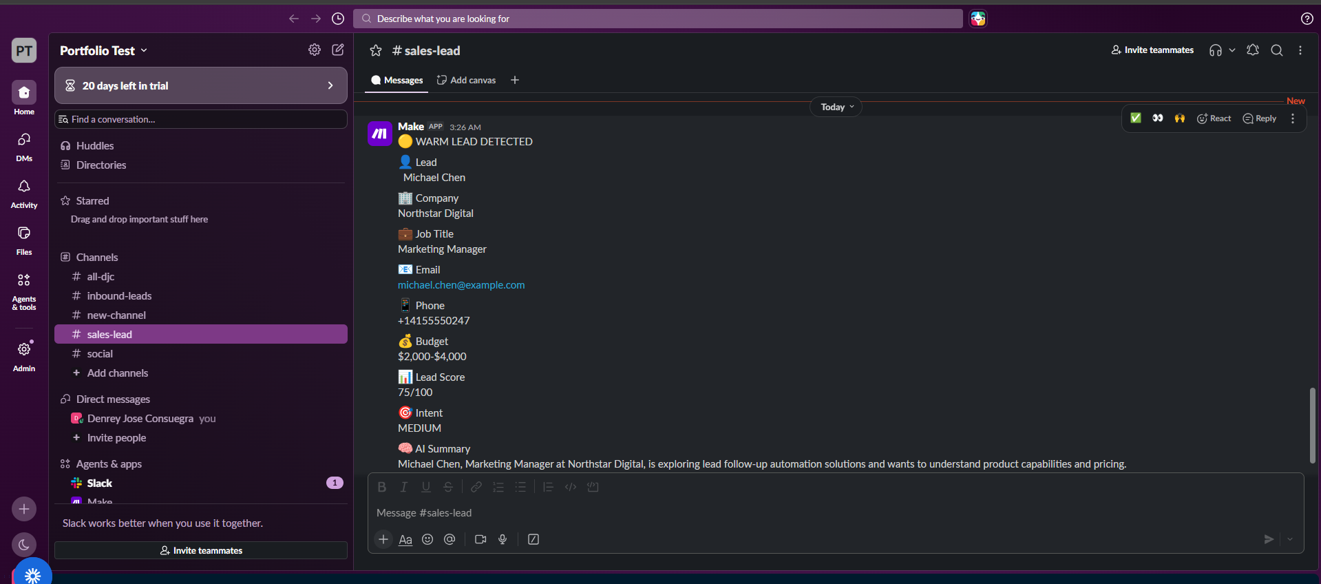Slack lead notification generated by Make.com