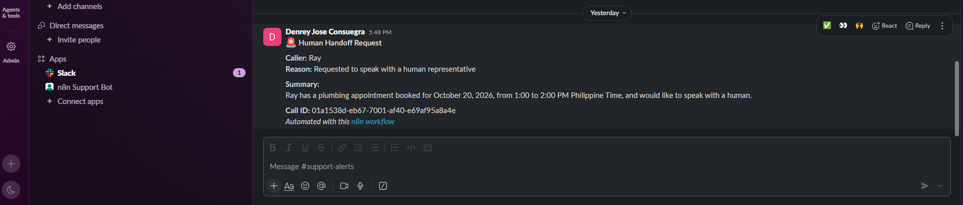 Slack human handoff alert created from a phone call