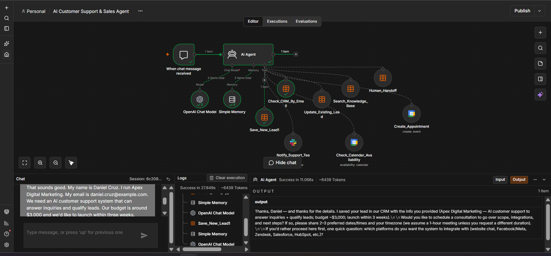 New sales lead saved automatically by the n8n AI agent